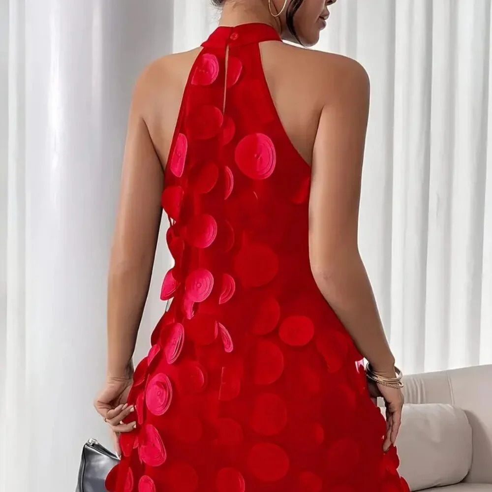 Halter Neck Circular Patch Dress (Color: RED) - Picture 2 of 3